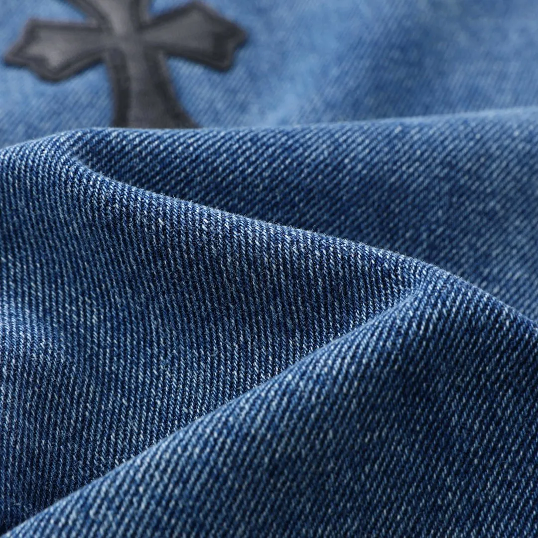 P236 💰 (Top version) Chrome Heart cross patchwork leather jeans Top heavy washing process Calfskin laser cut cross Distressed silver hardware Straight version slimming the upper body High-end quality distinguishes the market currency Color: blue and black Size: 28 30 32 34 36 (corresponding to S-M-L-XL-XXL) Corresponding size｜S-XXL